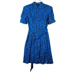 Tahari Dress Dark Floral Print Shirt Dress Small Belt Blue Black‎ Career Casual